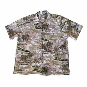 Hilo Hattie Hawaiian Mens 3XL Shirt Beige Purple Palm Trees Beach SS Tropical